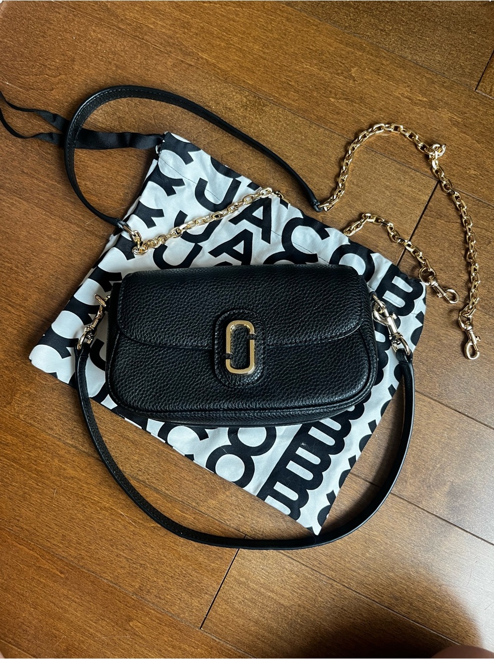Marc Jacobs Black Pebbled Leather Crossbody with Gold Chain Accent
